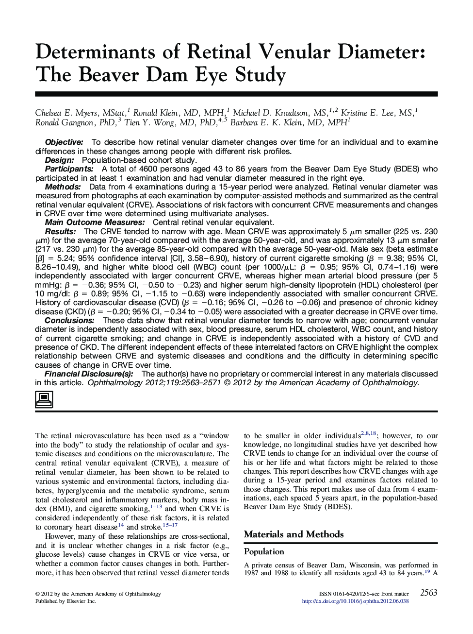 Determinants of Retinal Venular Diameter: The Beaver Dam Eye Study