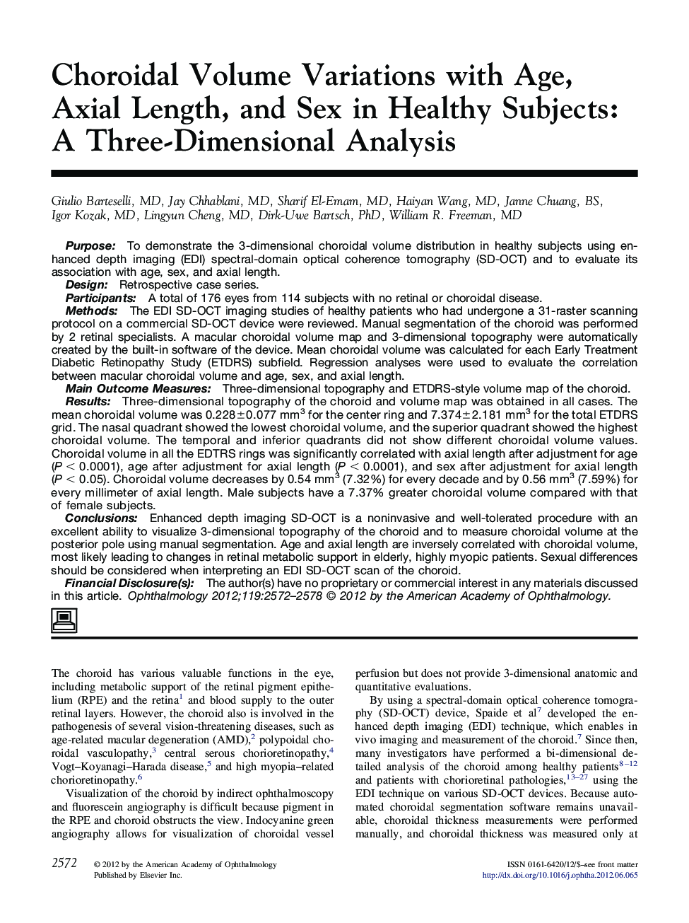 عکس صفحه اول مقاله: Choroidal Volume Variations with Age, Axial Length, and Sex in Healthy Subjects: A Three-Dimensional Analysis Choroidal Volume Variations with Age, Axial Length, and Sex in Healthy Subjects: A Three-Dimensional Analysis