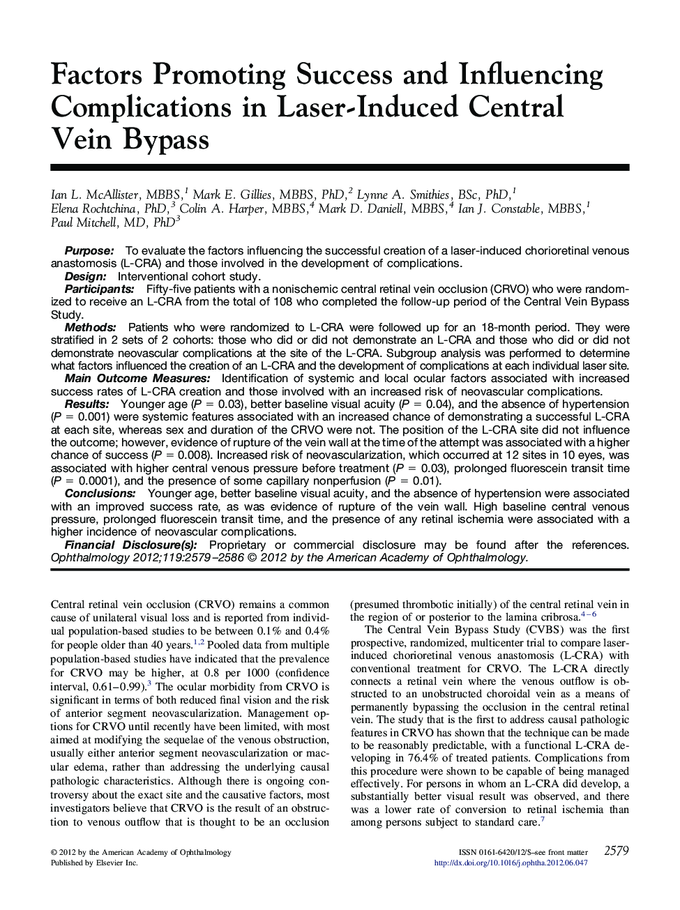 Factors Promoting Success and Influencing Complications in Laser-Induced Central Vein Bypass 