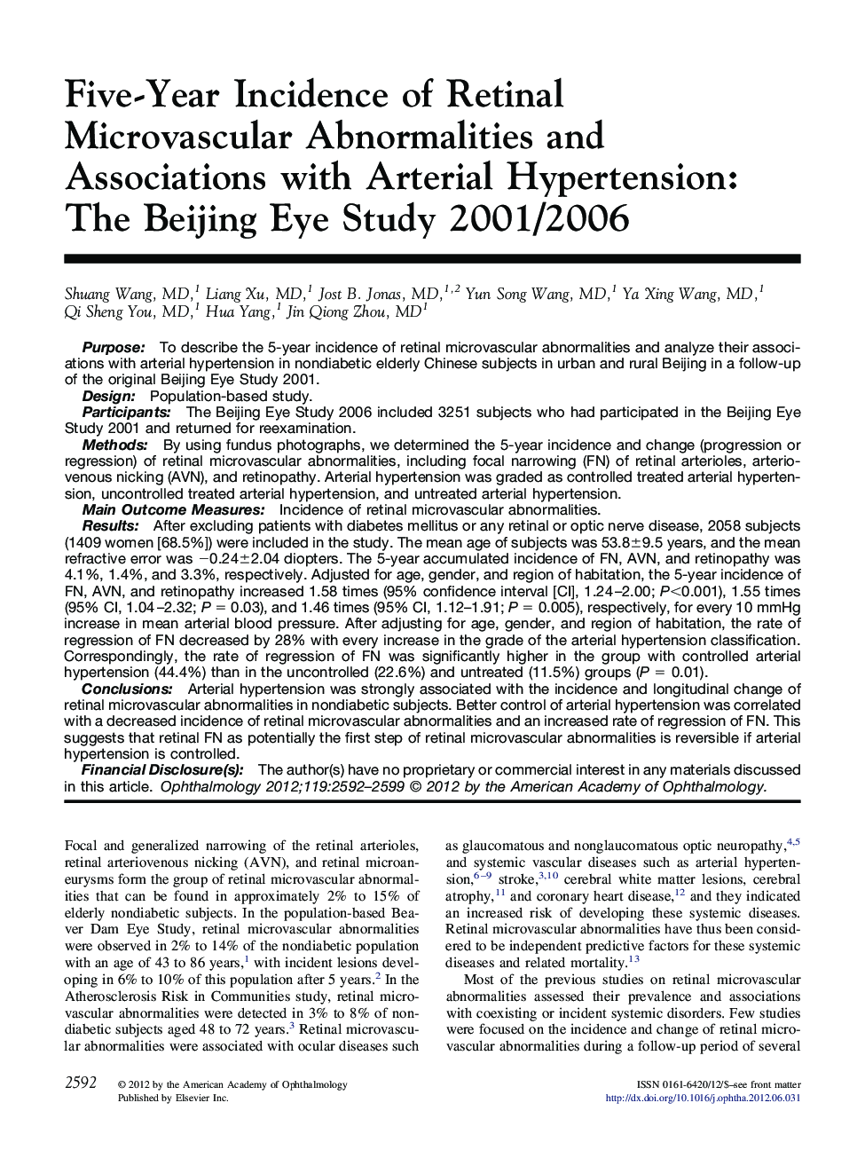 عکس صفحه اول مقاله: Five-Year Incidence of Retinal Microvascular Abnormalities and Associations with Arterial Hypertension: The Beijing Eye Study 2001/2006 Five-Year Incidence of Retinal Microvascular Abnormalities and Associations with Arterial Hypertension: The Beijing Eye Study 2001/2006