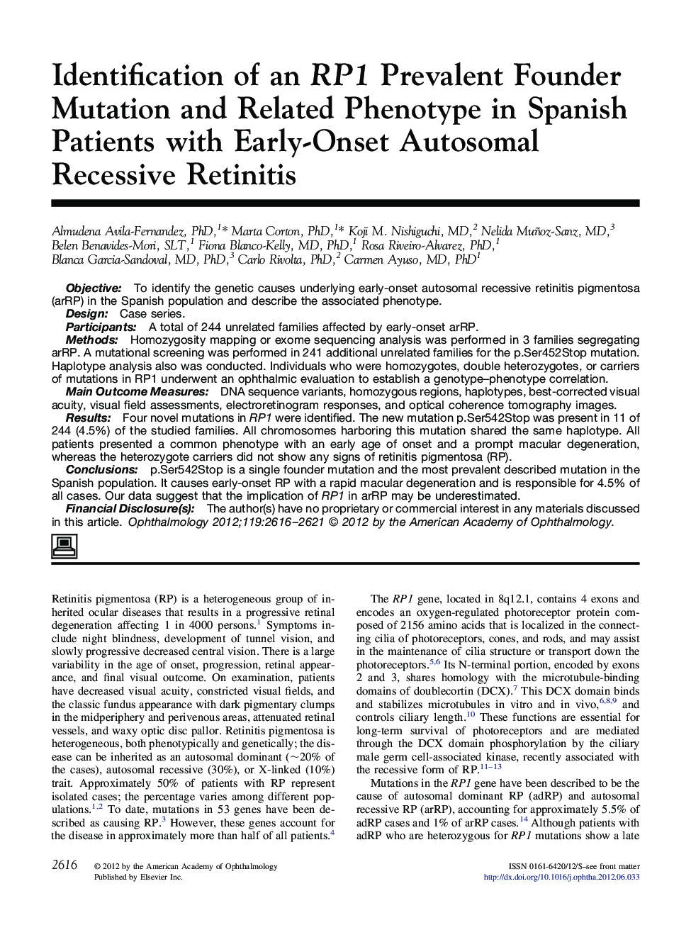 Identification of an RP1 Prevalent Founder Mutation and Related Phenotype in Spanish Patients with Early-Onset Autosomal Recessive Retinitis