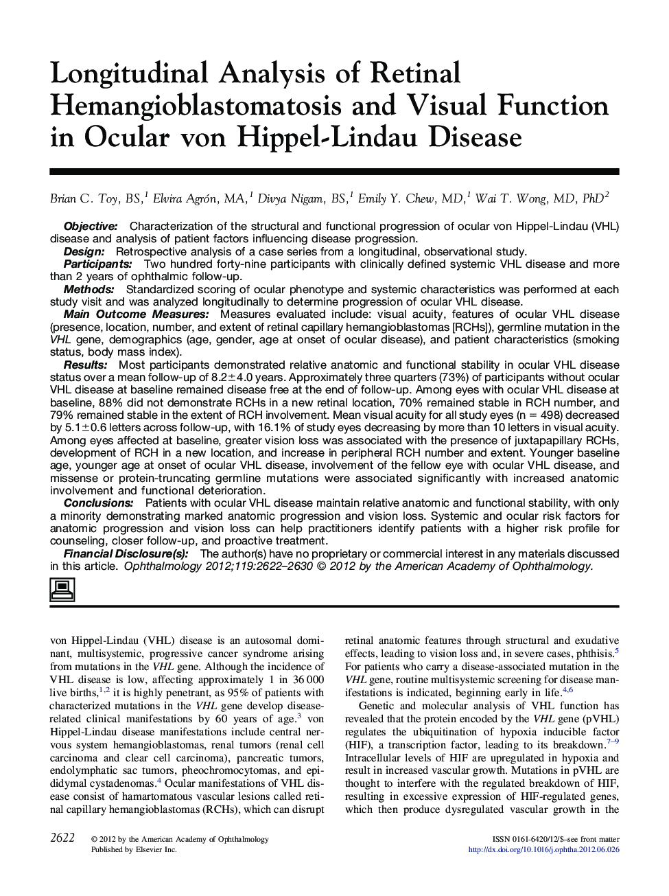 Longitudinal Analysis of Retinal Hemangioblastomatosis and Visual Function in Ocular von Hippel-Lindau Disease