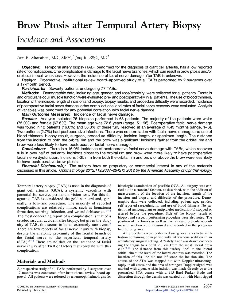 Brow Ptosis after Temporal Artery Biopsy