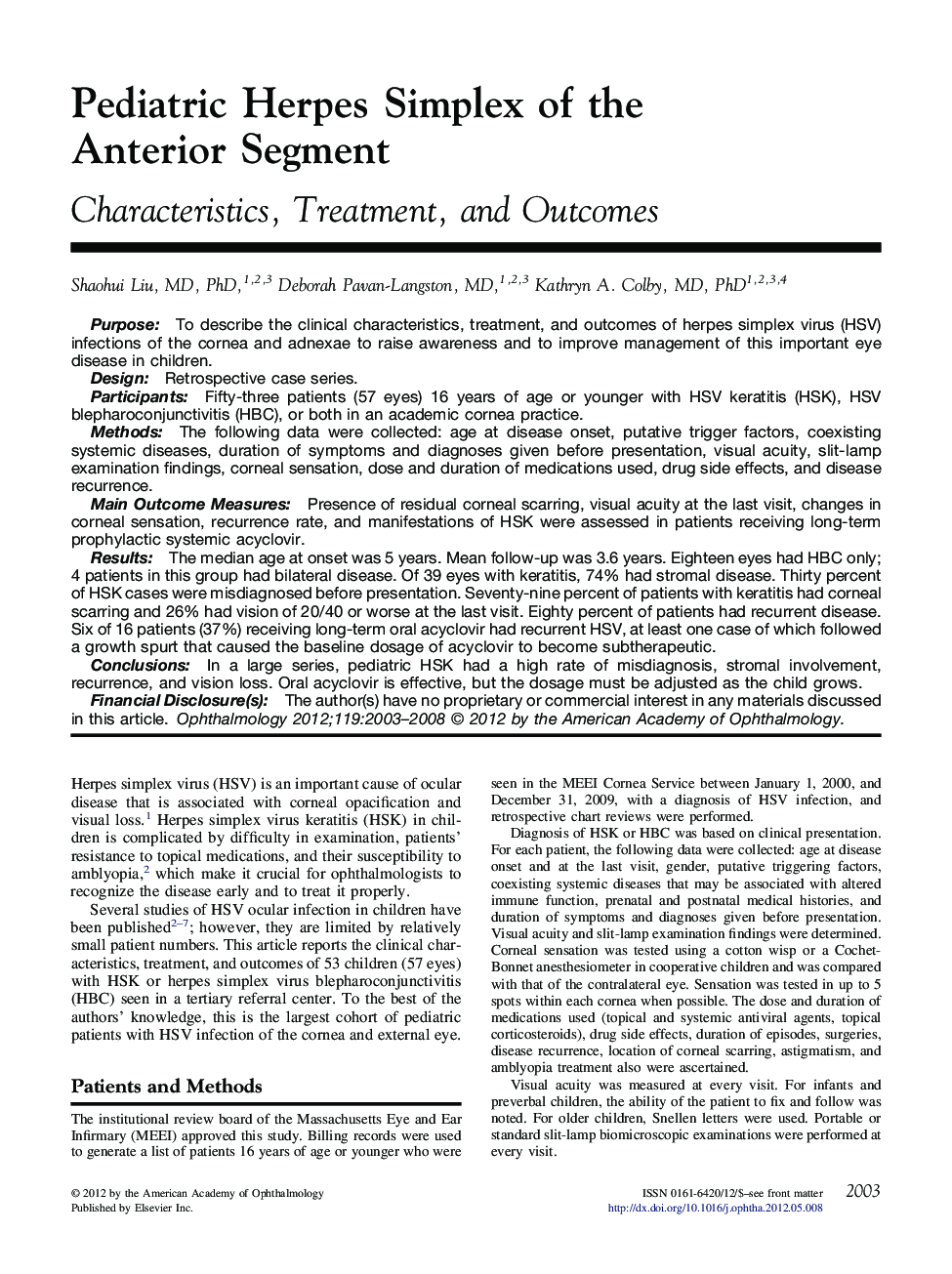 عکس صفحه اول مقاله: Pediatric Herpes Simplex of the Anterior Segment Pediatric Herpes Simplex of the Anterior Segment
