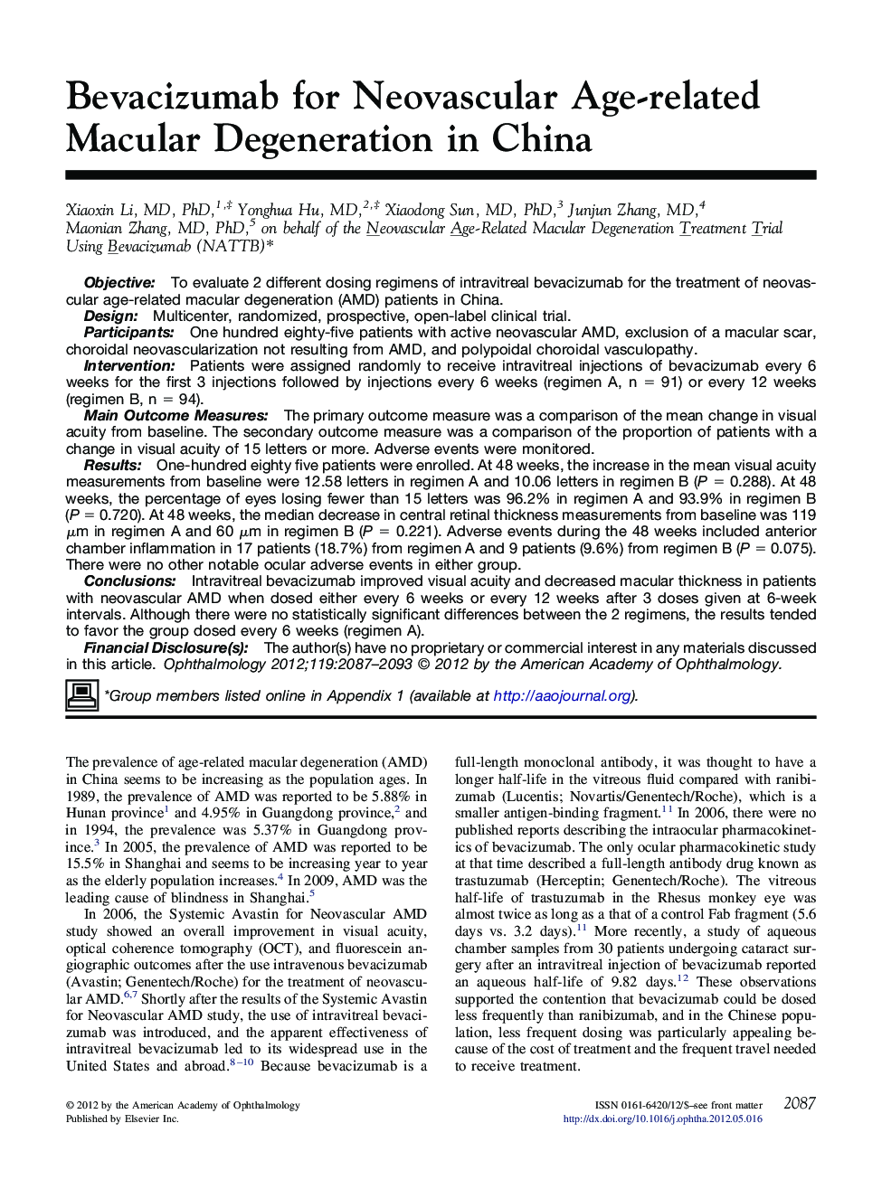عکس صفحه اول مقاله: Bevacizumab for Neovascular Age-related Macular Degeneration in China Bevacizumab for Neovascular Age-related Macular Degeneration in China