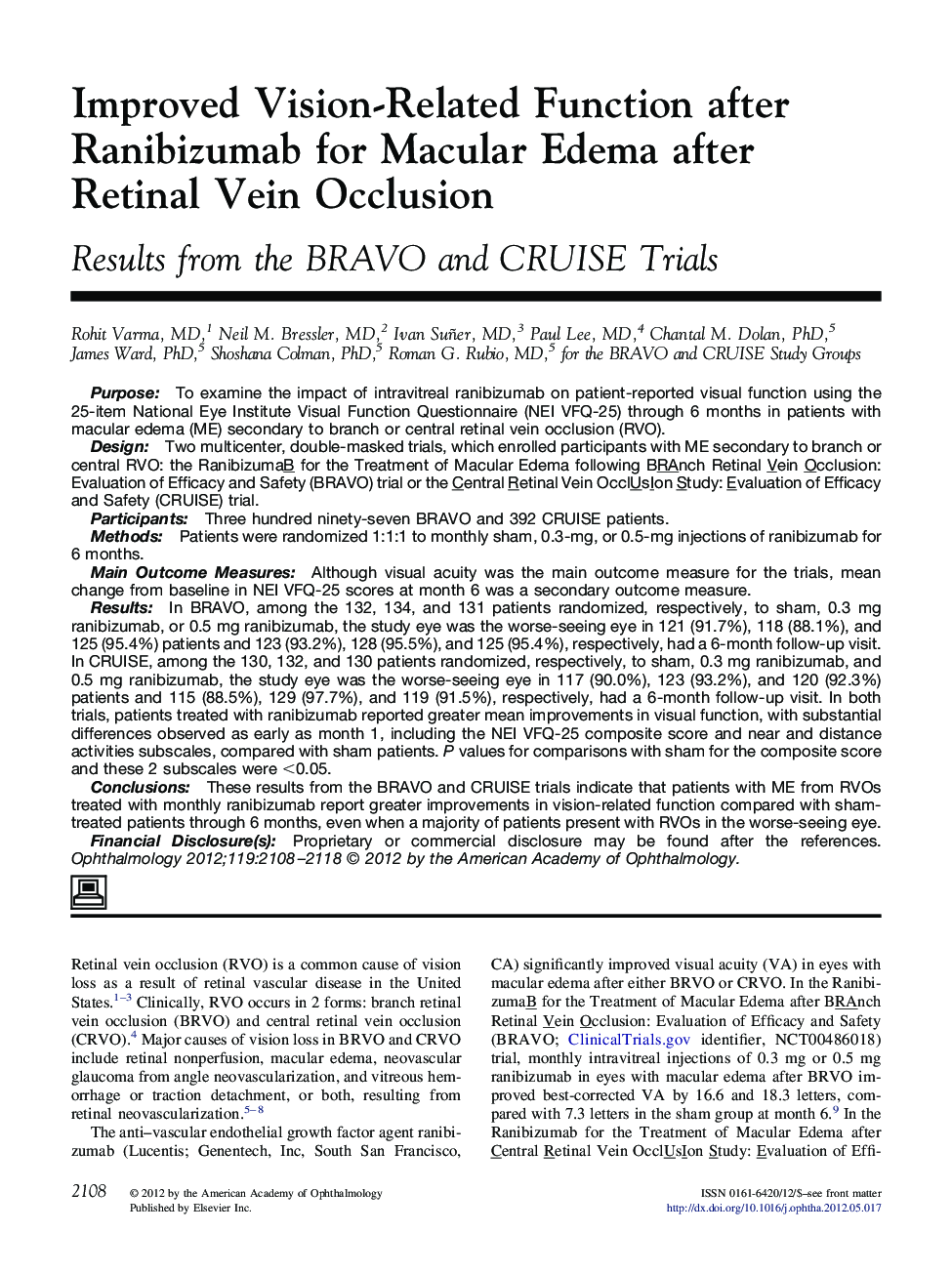 عکس صفحه اول مقاله: Improved Vision-Related Function after Ranibizumab for Macular Edema after Retinal Vein Occlusion Improved Vision-Related Function after Ranibizumab for Macular Edema after Retinal Vein Occlusion