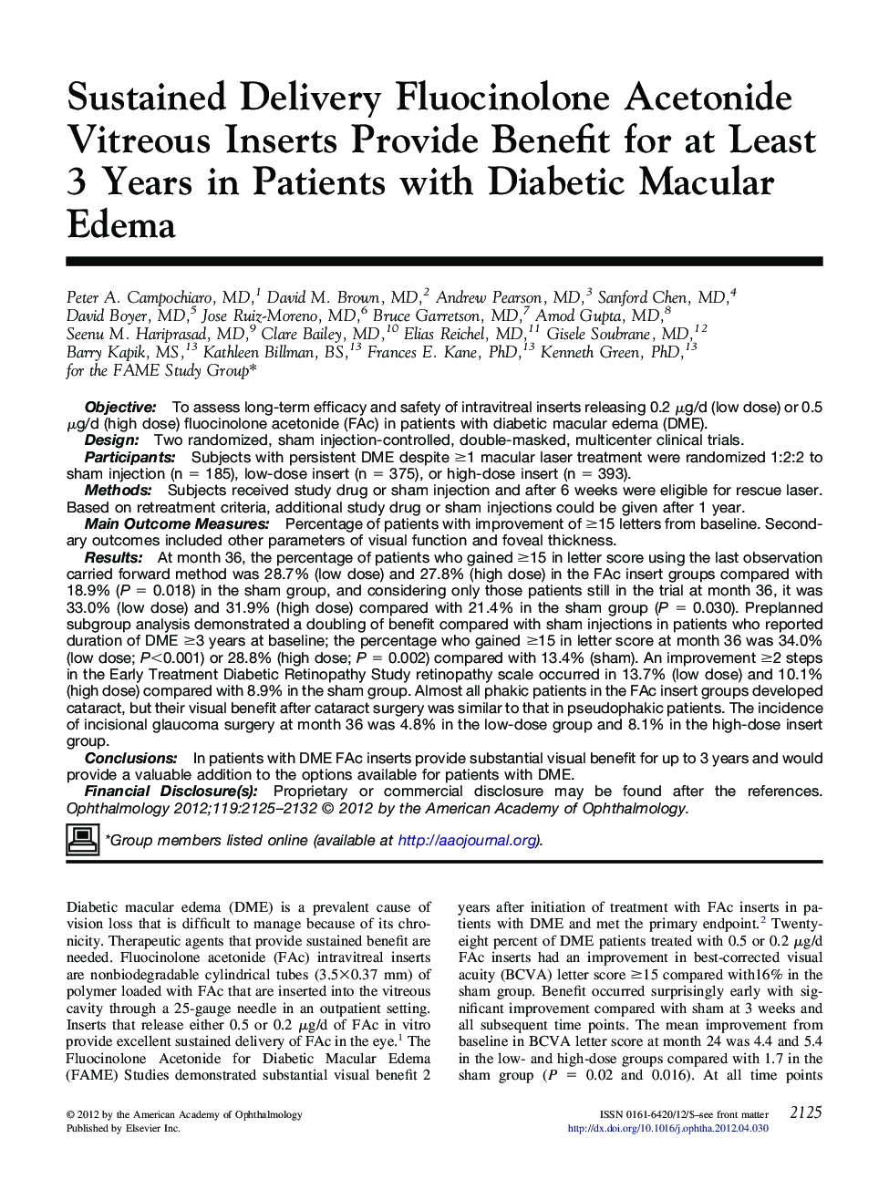 Sustained Delivery Fluocinolone Acetonide Vitreous Inserts Provide Benefit for at Least 3 Years in Patients with Diabetic Macular Edema 