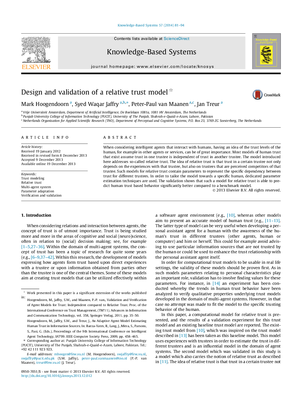 Design and validation of a relative trust model 