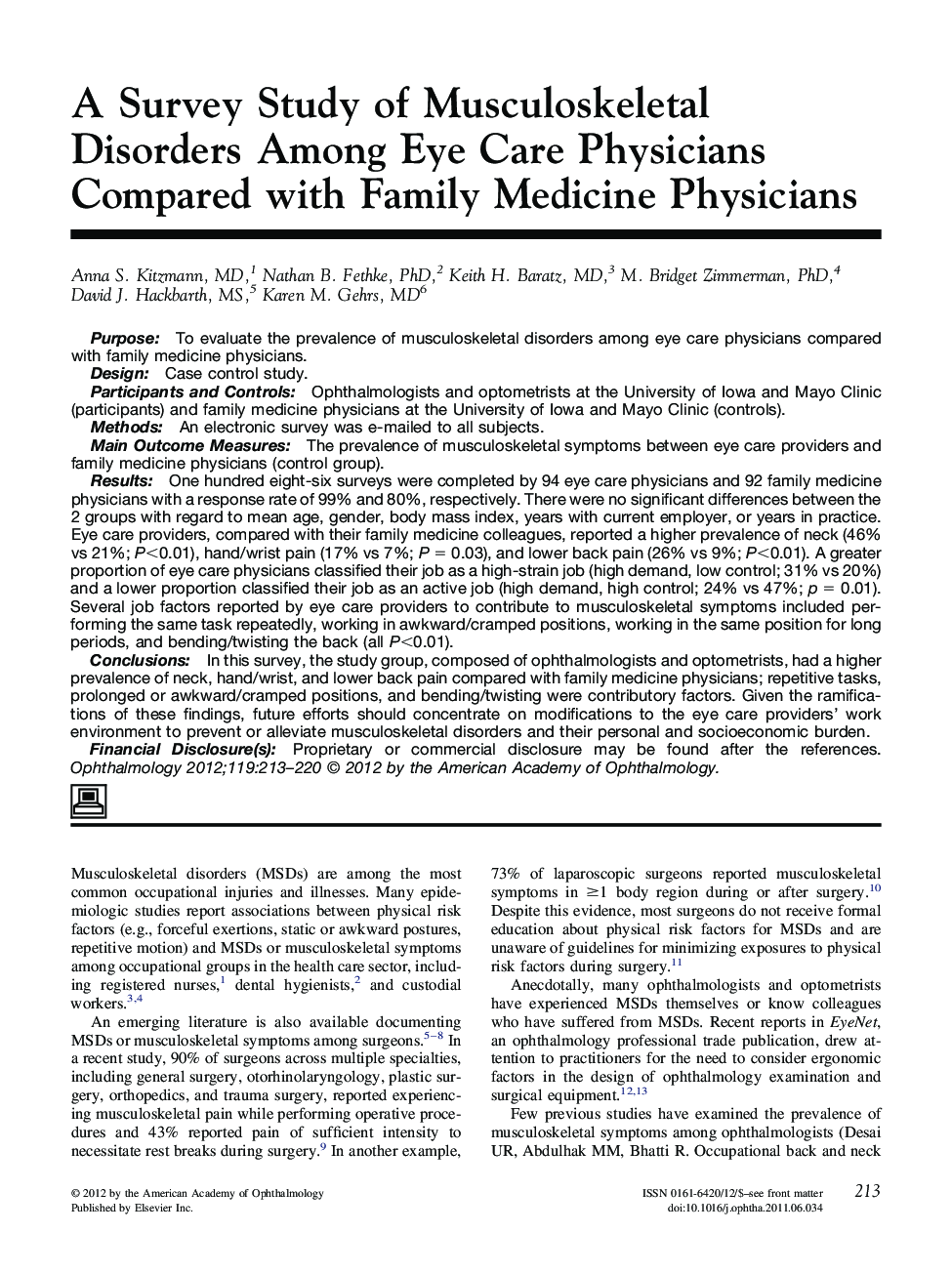A Survey Study of Musculoskeletal Disorders Among Eye Care Physicians Compared with Family Medicine Physicians