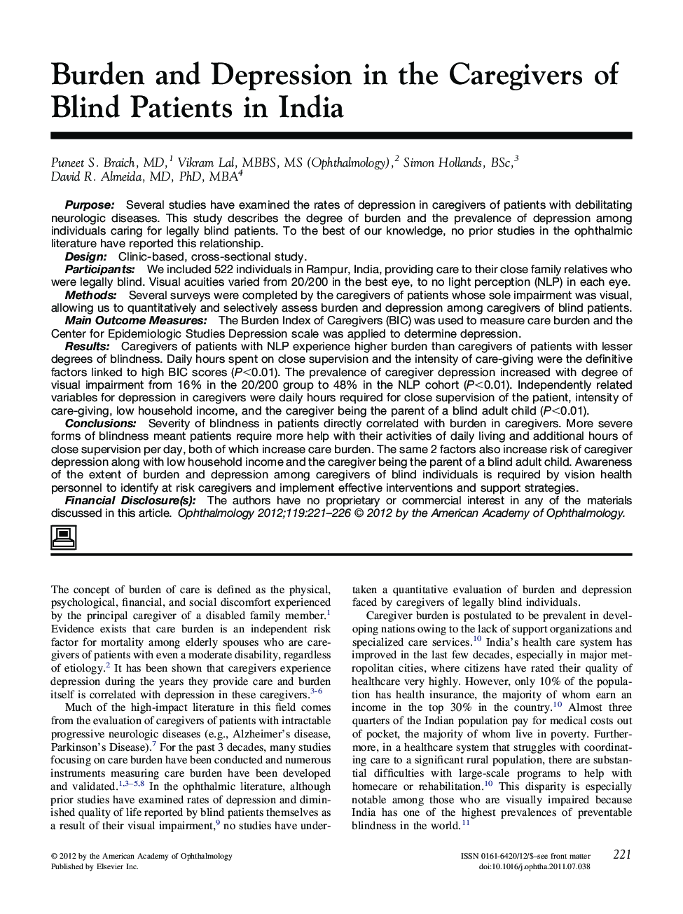 Burden and Depression in the Caregivers of Blind Patients in India