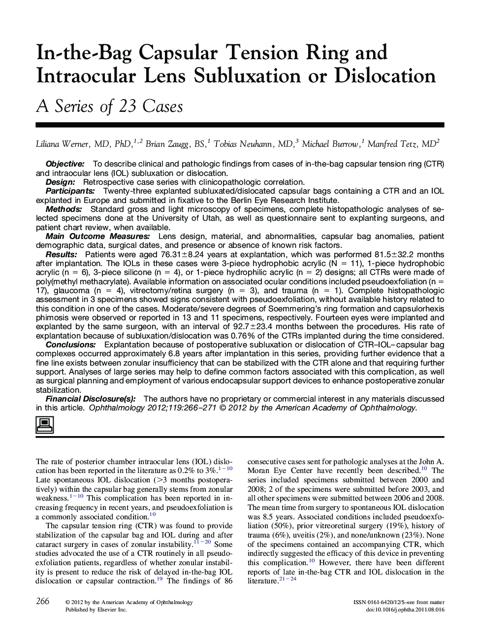 In-the-Bag Capsular Tension Ring and Intraocular Lens Subluxation or Dislocation