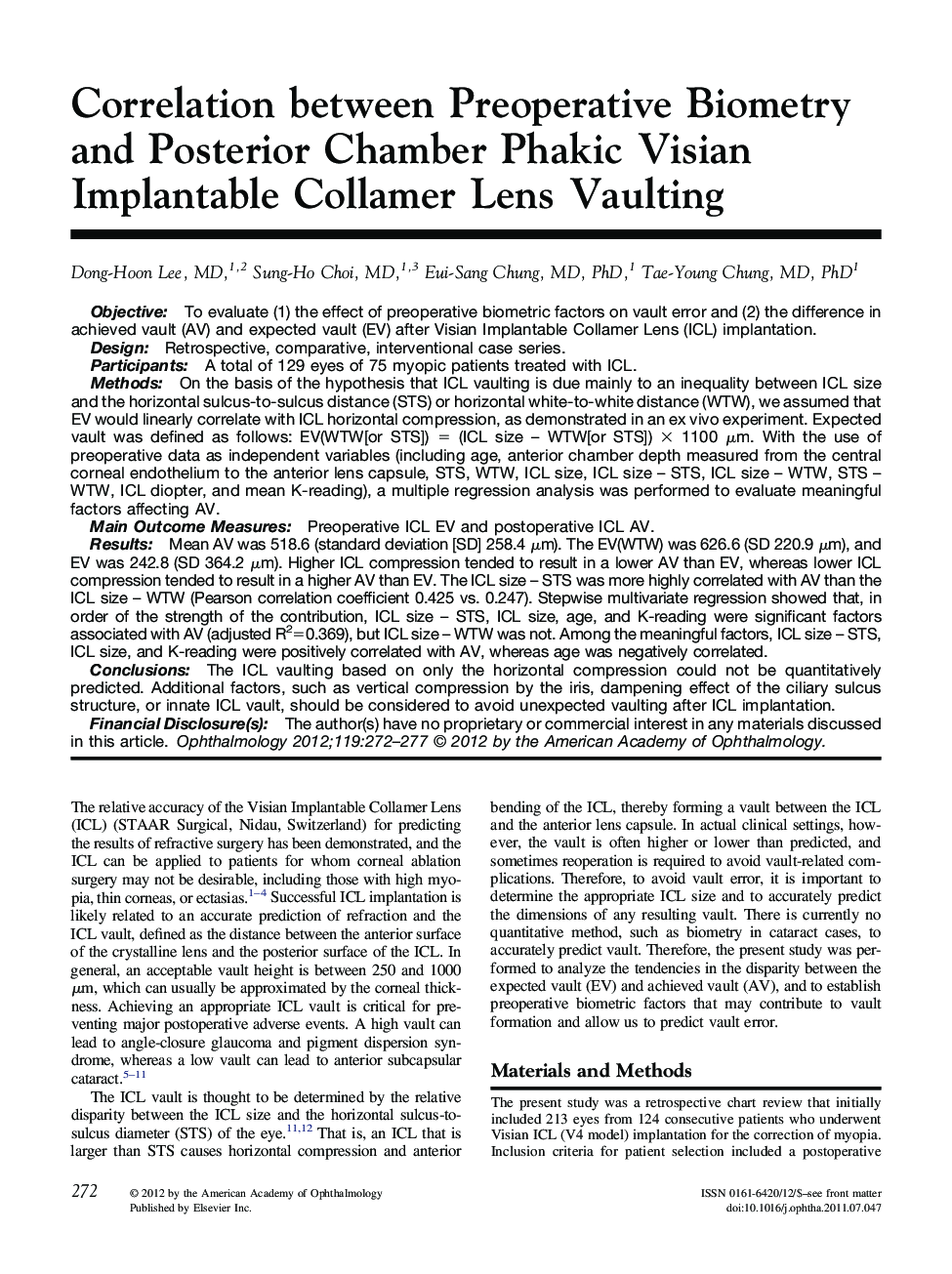 Correlation between Preoperative Biometry and Posterior Chamber Phakic Visian Implantable Collamer Lens Vaulting