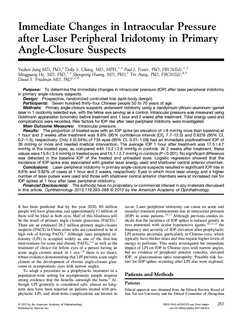 Immediate Changes in Intraocular Pressure after Laser Peripheral Iridotomy in Primary Angle-Closure Suspects