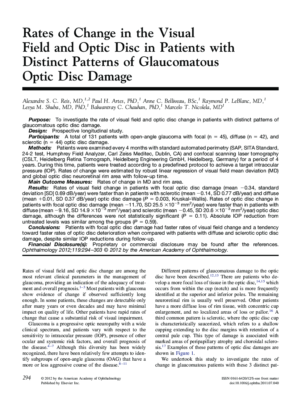 Rates of Change in the Visual Field and Optic Disc in Patients with Distinct Patterns of Glaucomatous Optic Disc Damage