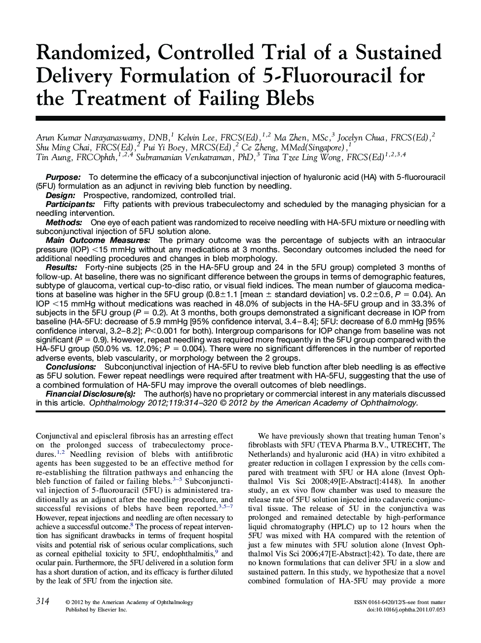 Randomized, Controlled Trial of a Sustained Delivery Formulation of 5-Fluorouracil for the Treatment of Failing Blebs