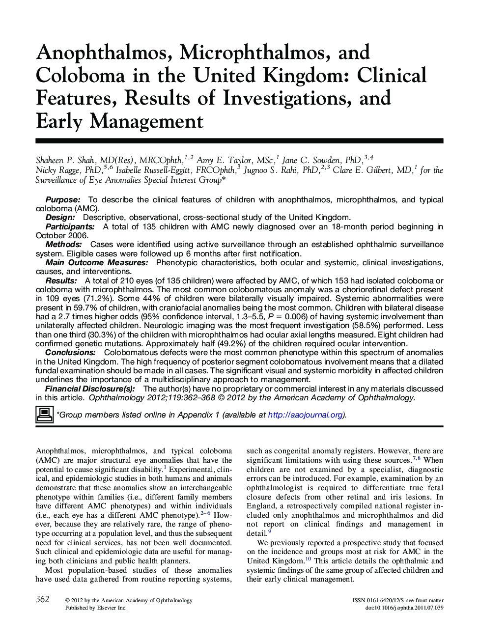 Anophthalmos, Microphthalmos, and Coloboma in the United Kingdom: Clinical Features, Results of Investigations, and Early Management
