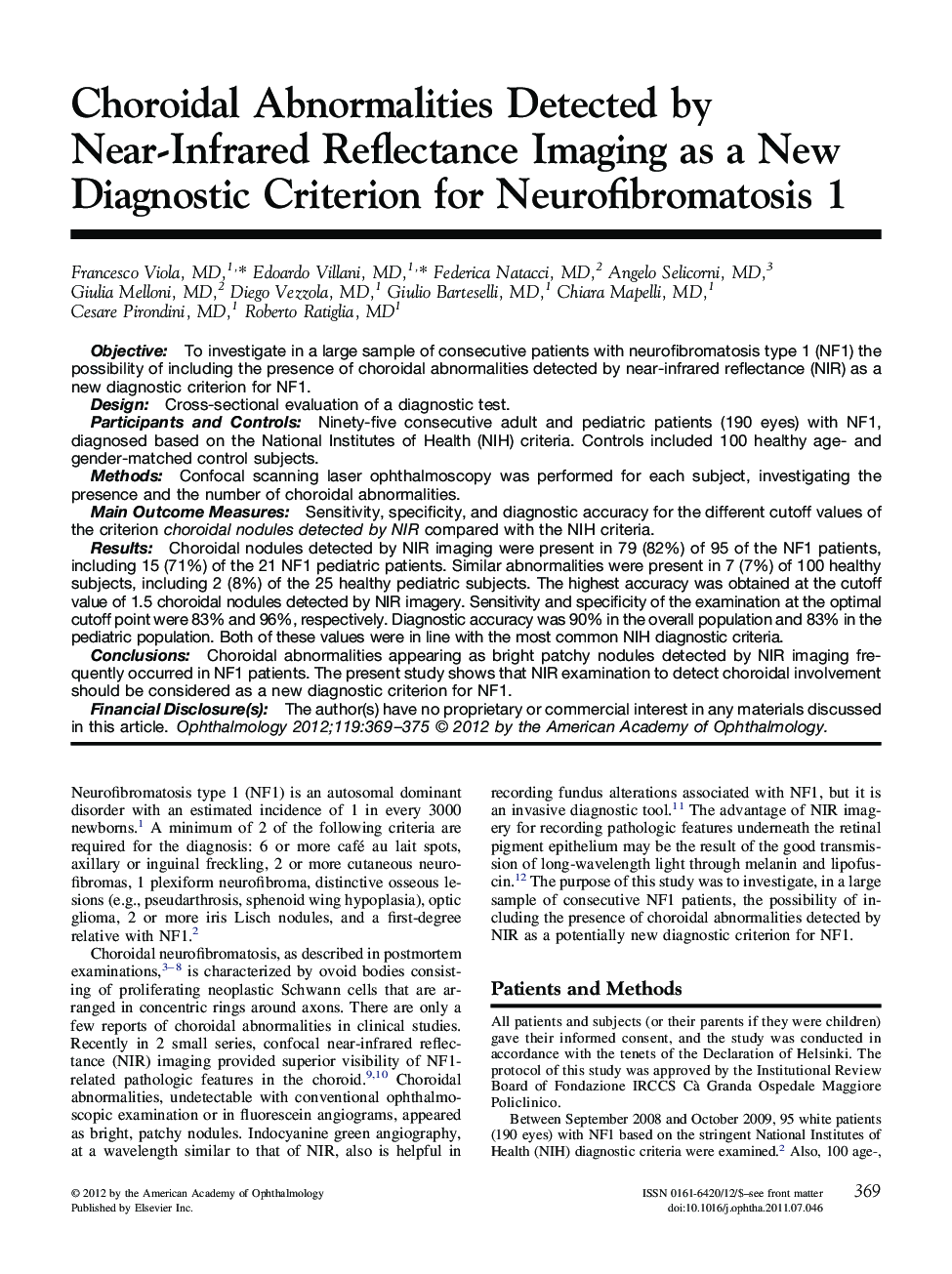 Choroidal Abnormalities Detected by Near-Infrared Reflectance Imaging as a New Diagnostic Criterion for Neurofibromatosis 1