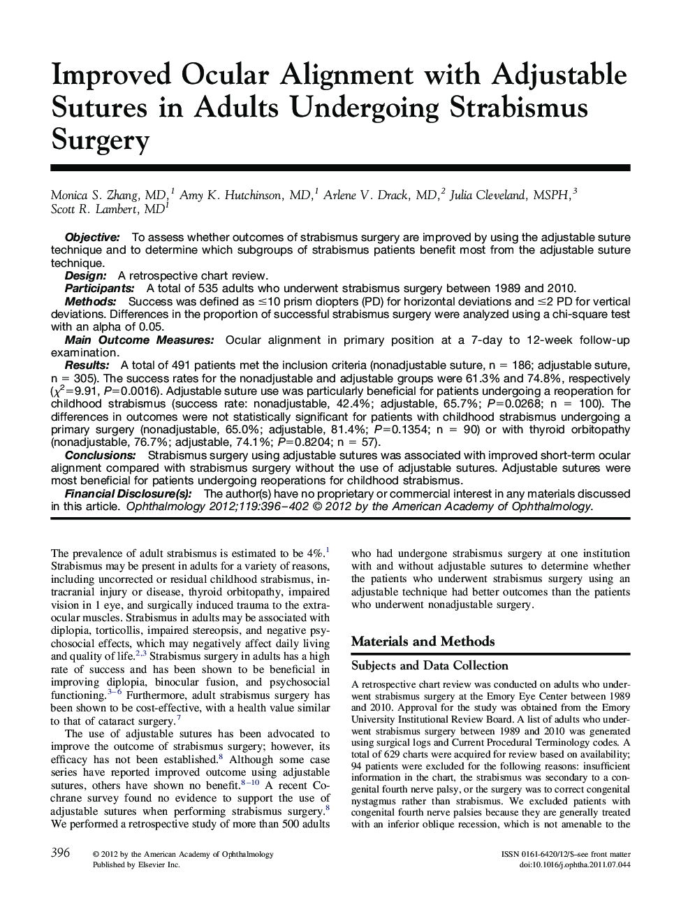 Improved Ocular Alignment with Adjustable Sutures in Adults Undergoing Strabismus Surgery 