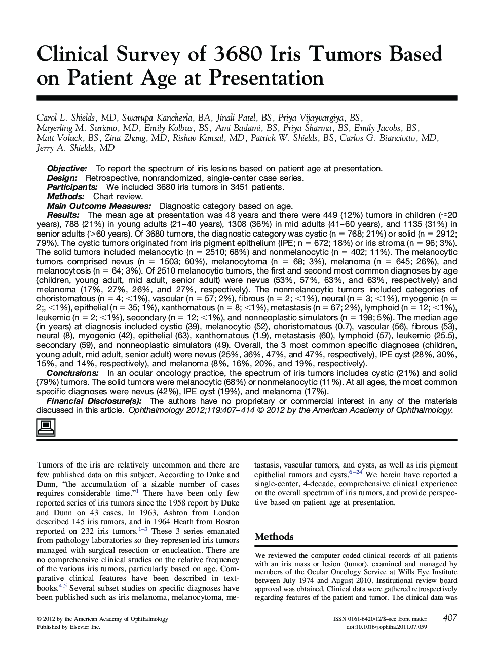 Clinical Survey of 3680 Iris Tumors Based on Patient Age at Presentation