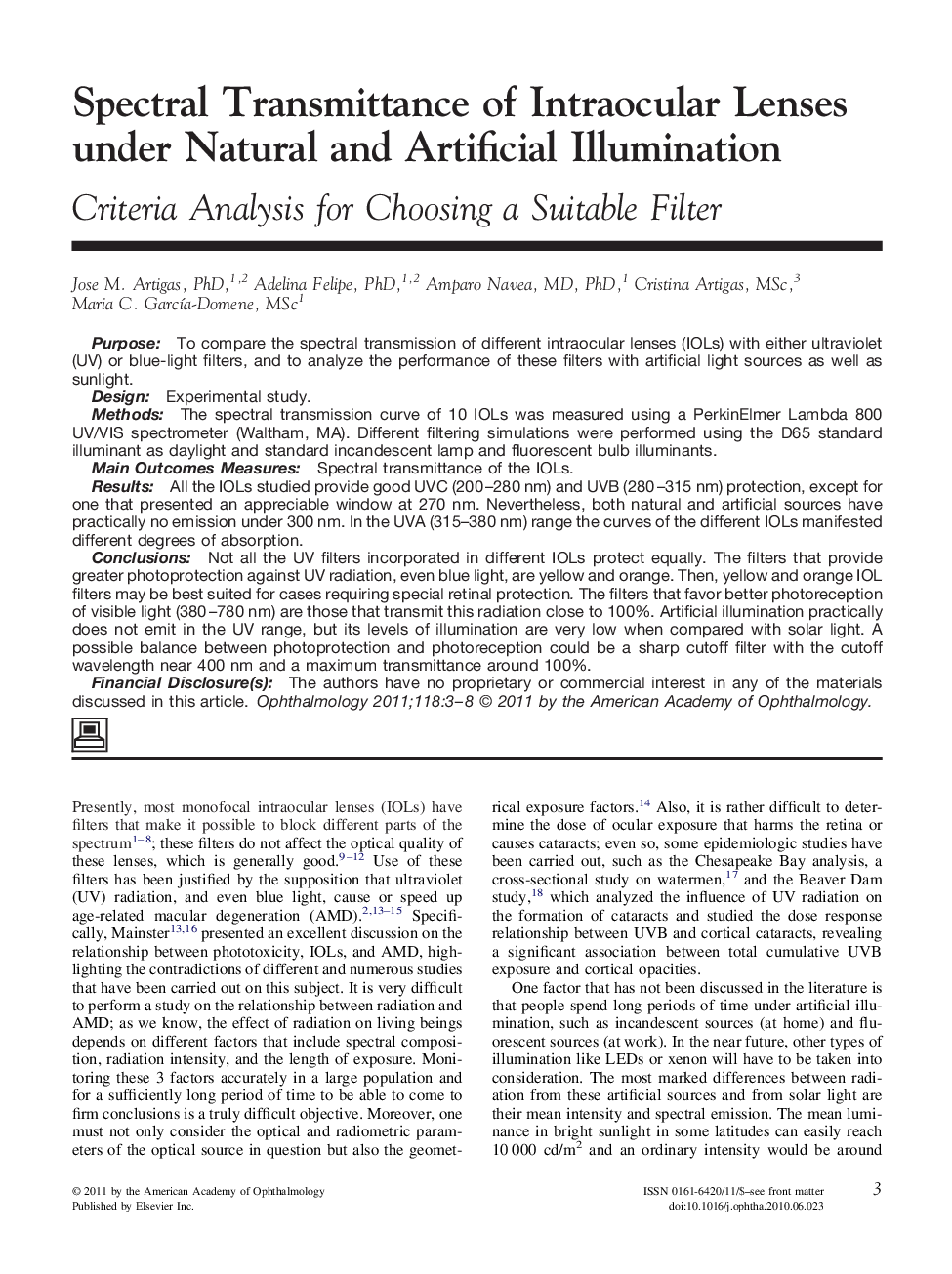 Spectral Transmittance of Intraocular Lenses under Natural and Artificial Illumination