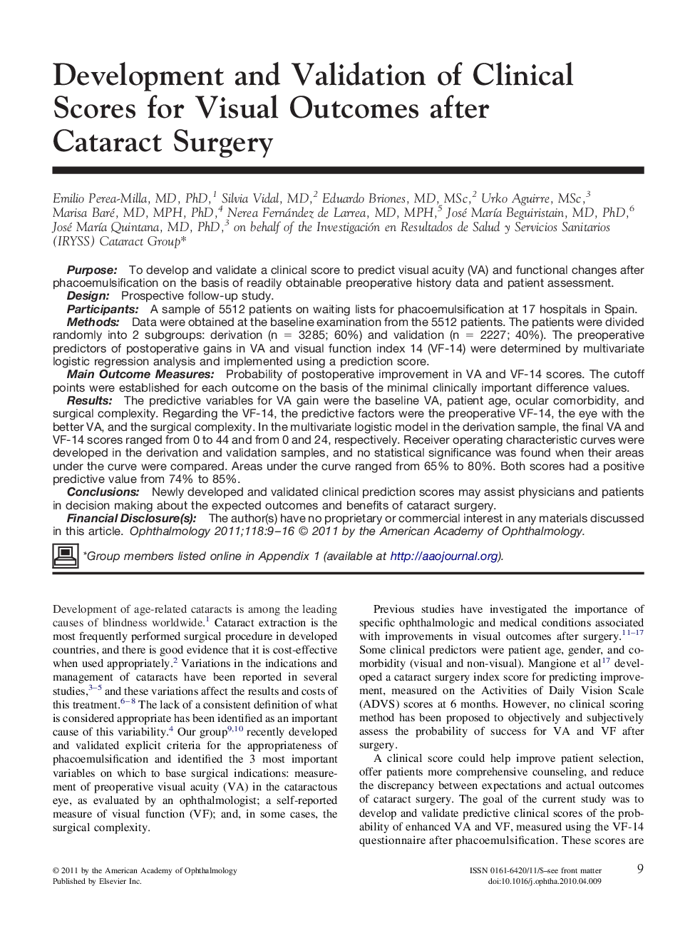 Development and Validation of Clinical Scores for Visual Outcomes after Cataract Surgery