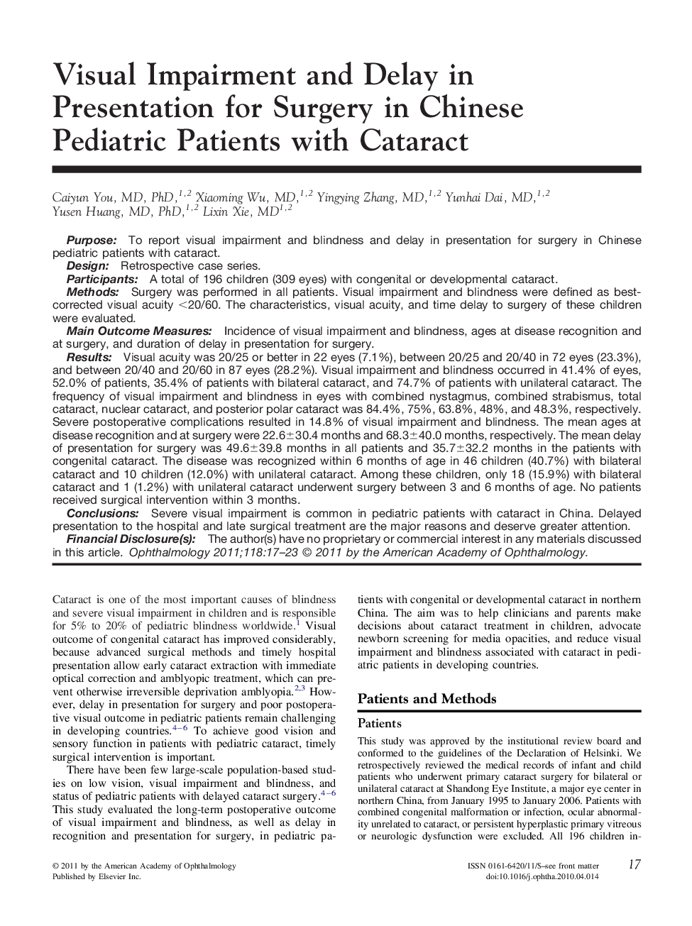 عکس صفحه اول مقاله: Visual Impairment and Delay in Presentation for Surgery in Chinese Pediatric Patients with Cataract Visual Impairment and Delay in Presentation for Surgery in Chinese Pediatric Patients with Cataract