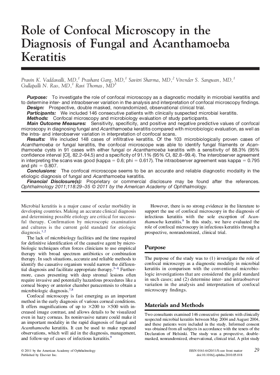 عکس صفحه اول مقاله: Role of Confocal Microscopy in the Diagnosis of Fungal and Acanthamoeba Keratitis Role of Confocal Microscopy in the Diagnosis of Fungal and Acanthamoeba Keratitis