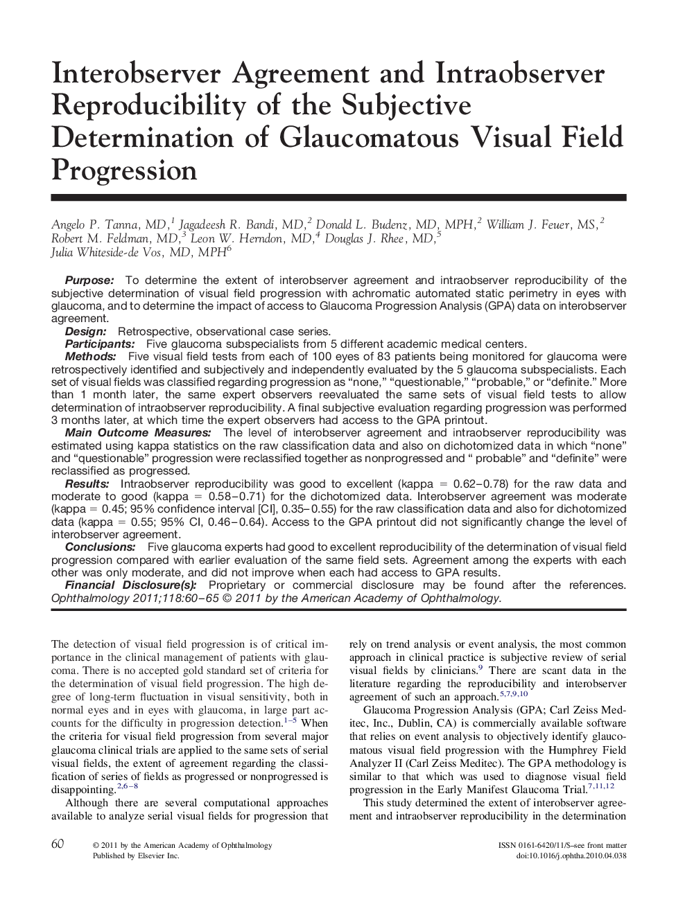 Interobserver Agreement and Intraobserver Reproducibility of the Subjective Determination of Glaucomatous Visual Field Progression