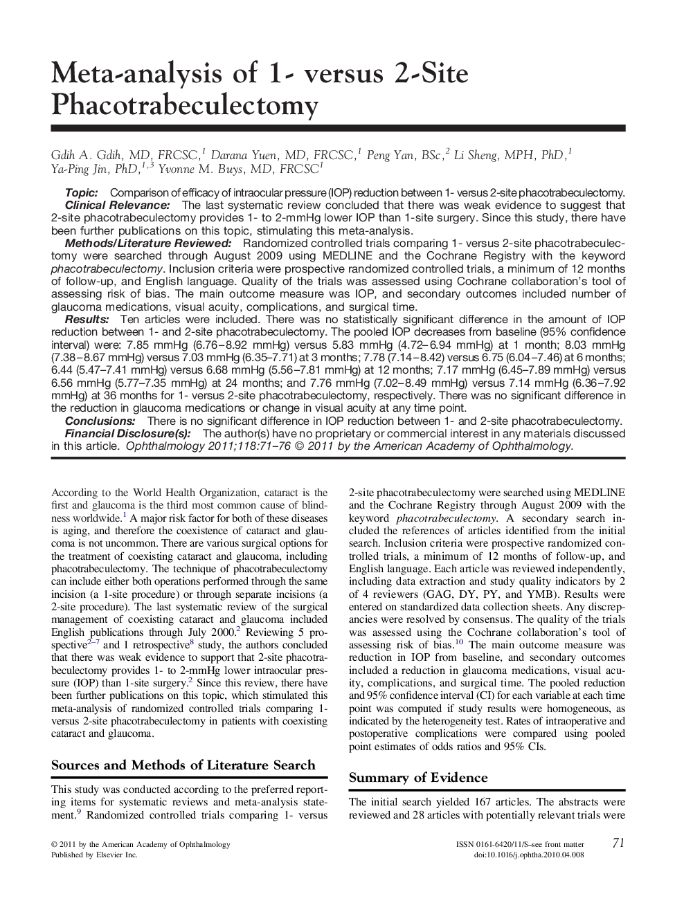 Meta-analysis of 1- versus 2-Site Phacotrabeculectomy
