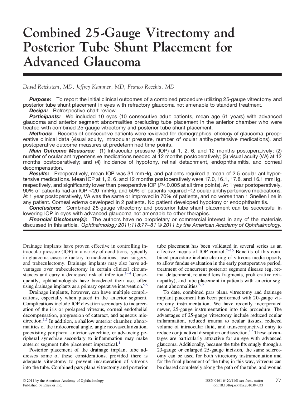 Combined 25-Gauge Vitrectomy and Posterior Tube Shunt Placement for Advanced Glaucoma