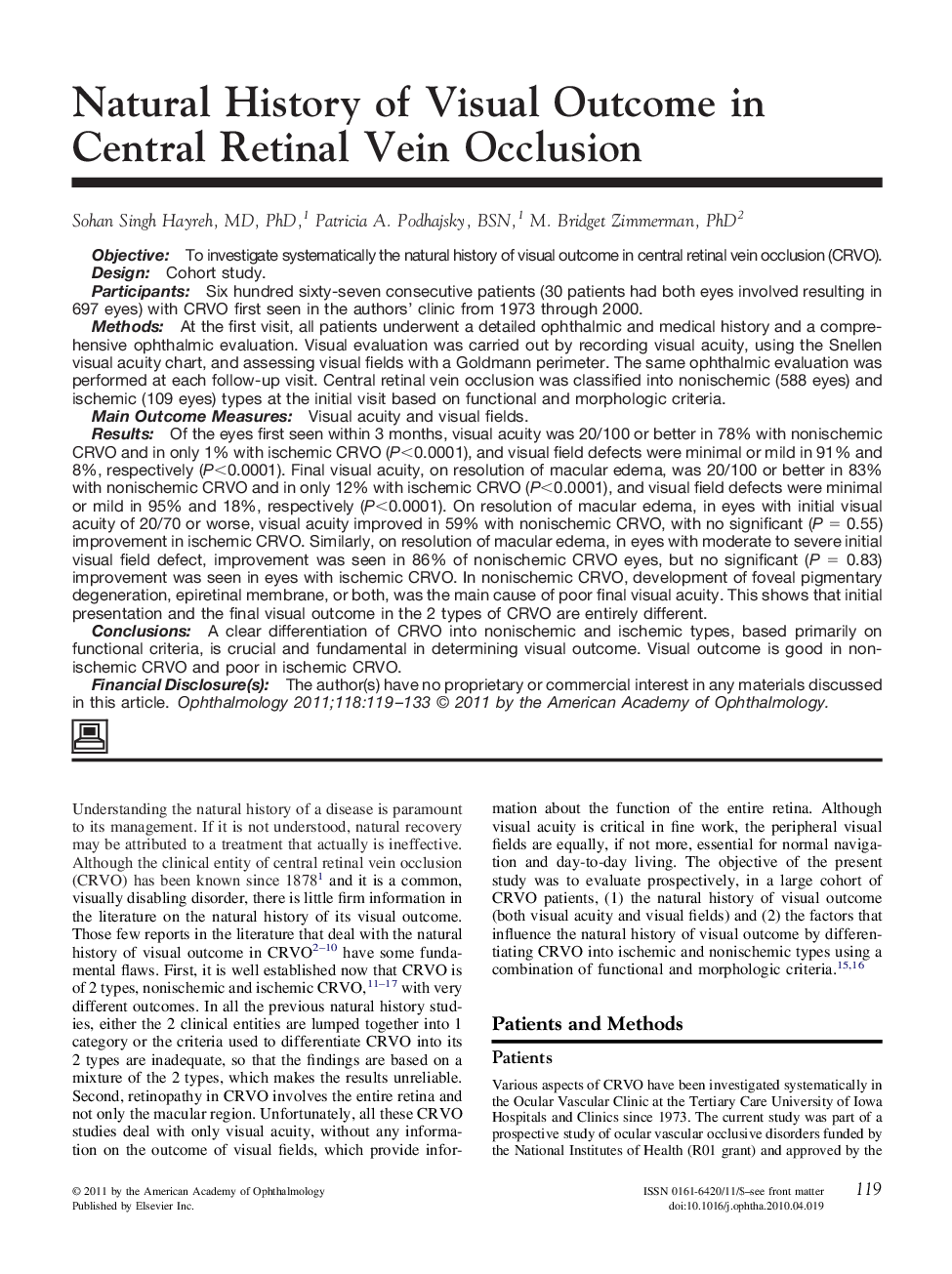 Natural History of Visual Outcome in Central Retinal Vein Occlusion
