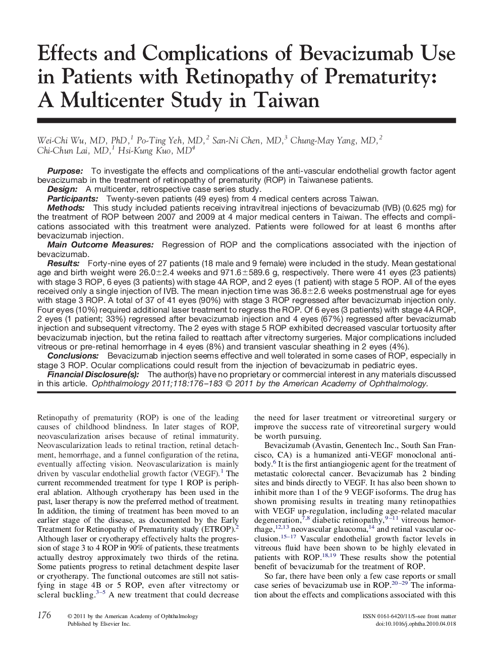 عکس صفحه اول مقاله: Effects and Complications of Bevacizumab Use in Patients with Retinopathy of Prematurity: A Multicenter Study in Taiwan Effects and Complications of Bevacizumab Use in Patients with Retinopathy of Prematurity: A Multicenter Study in Taiwan