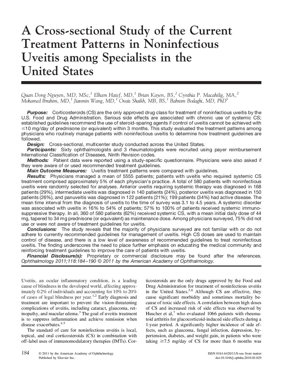 عکس صفحه اول مقاله: A Cross-sectional Study of the Current Treatment Patterns in Noninfectious Uveitis among Specialists in the United States A Cross-sectional Study of the Current Treatment Patterns in Noninfectious Uveitis among Specialists in the United States
