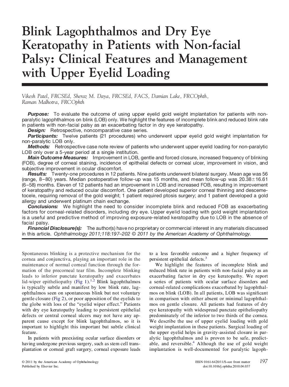 Blink Lagophthalmos and Dry Eye Keratopathy in Patients with Non-facial Palsy: Clinical Features and Management with Upper Eyelid Loading