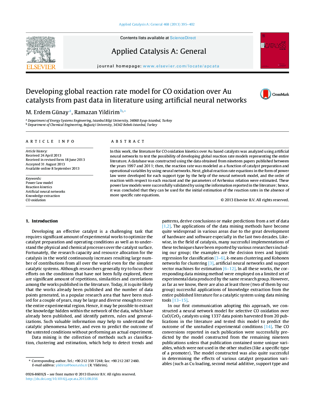 Developing global reaction rate model for CO oxidation over Au catalysts from past data in literature using artificial neural networks