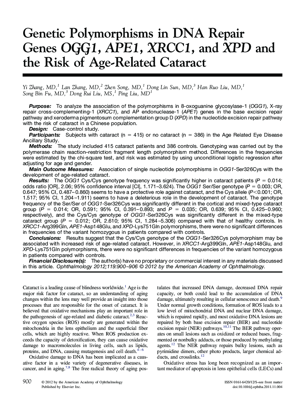 Genetic Polymorphisms in DNA Repair Genes OGG1, APE1, XRCC1, and XPD and the Risk of Age-Related Cataract