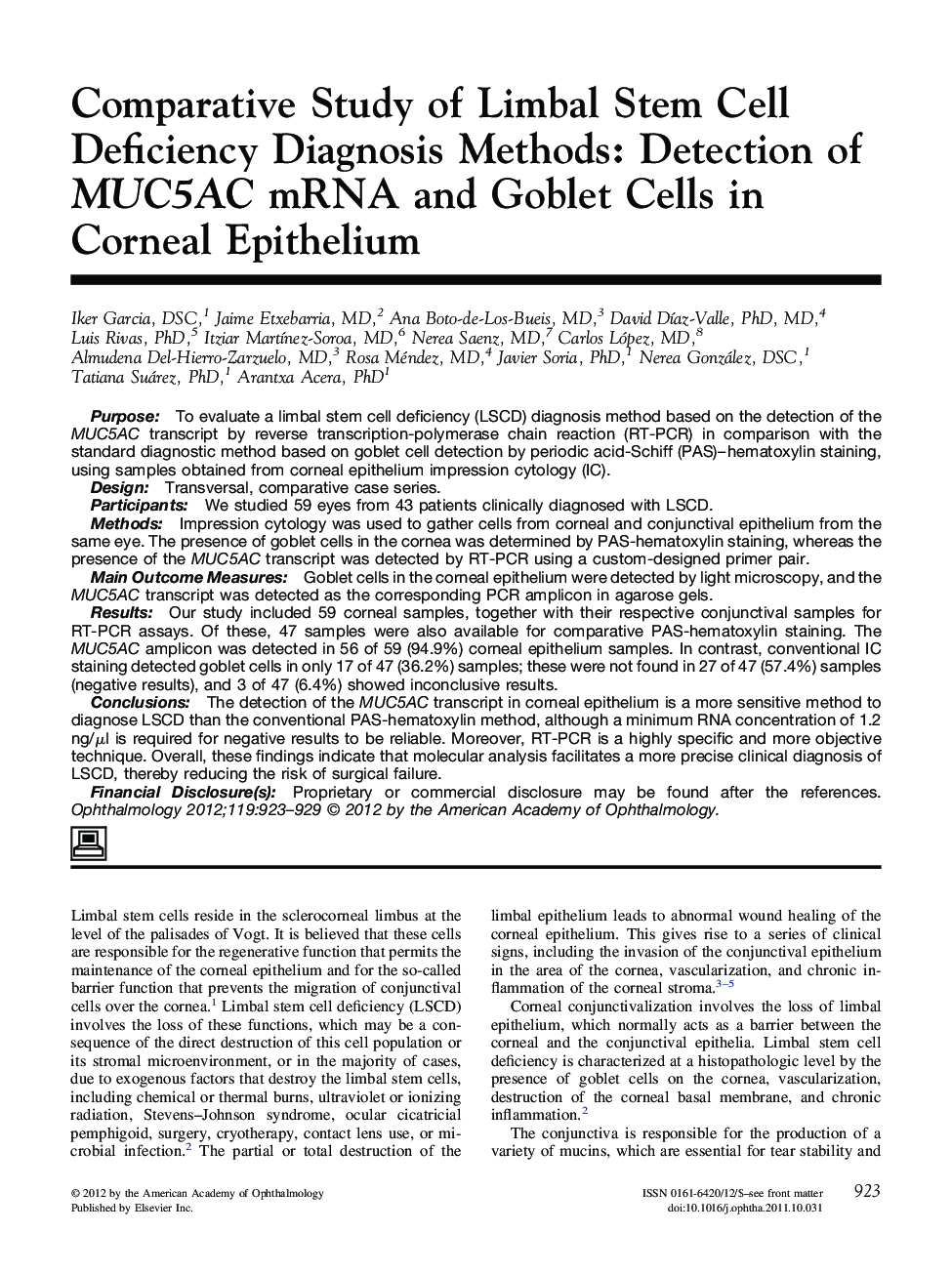 Comparative Study of Limbal Stem Cell Deficiency Diagnosis Methods: Detection of MUC5AC mRNA and Goblet Cells in Corneal Epithelium