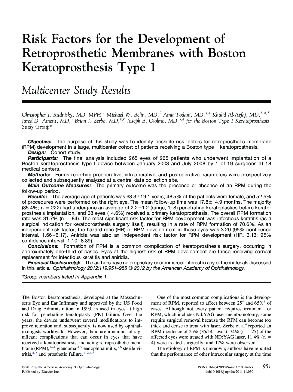 Risk Factors for the Development of Retroprosthetic Membranes with Boston Keratoprosthesis Type 1 : Multicenter Study Results
