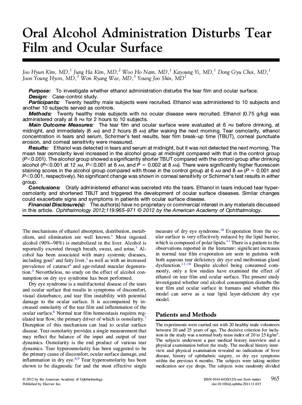 Oral Alcohol Administration Disturbs Tear Film and Ocular Surface