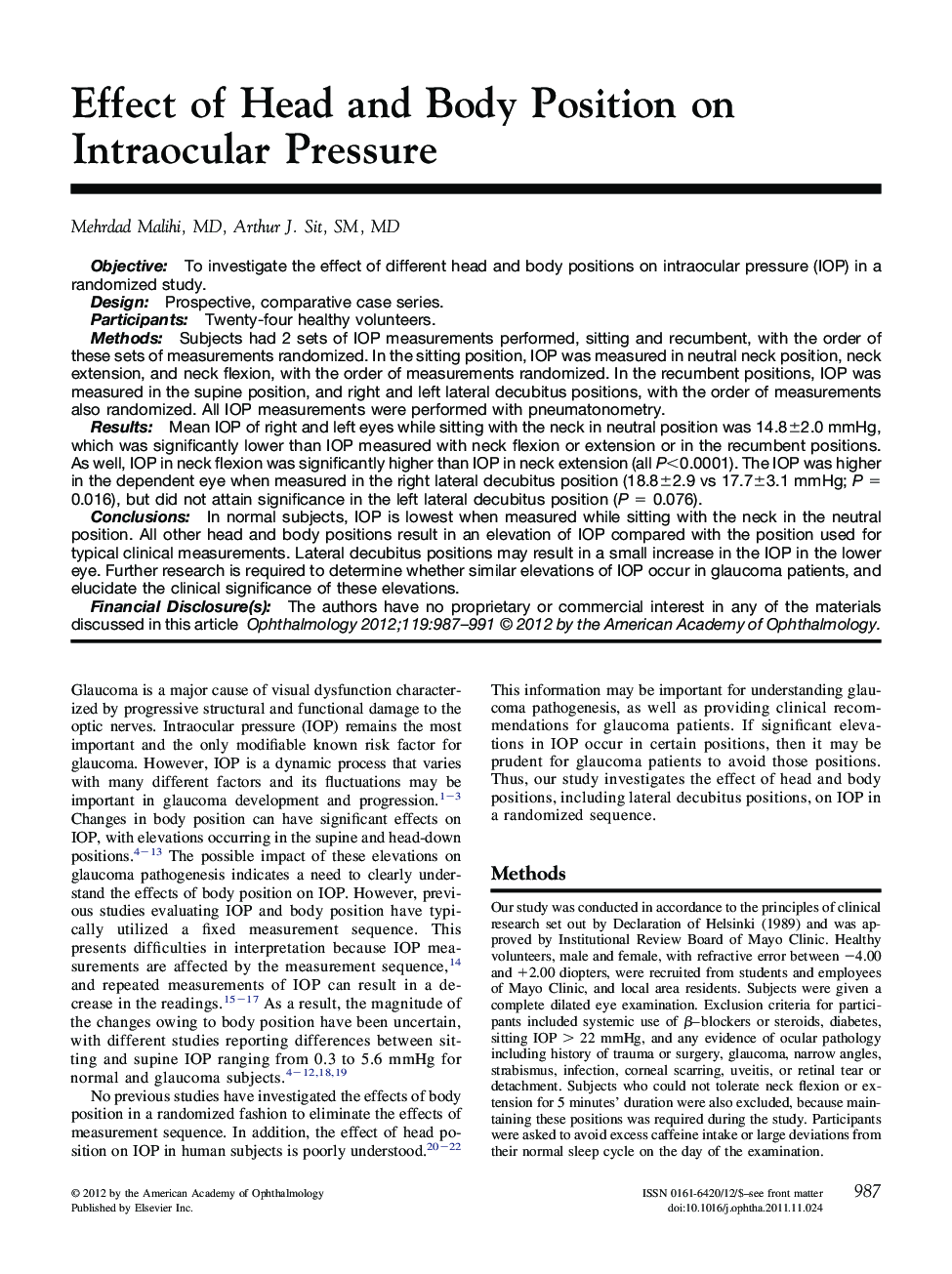 Effect of Head and Body Position on Intraocular Pressure