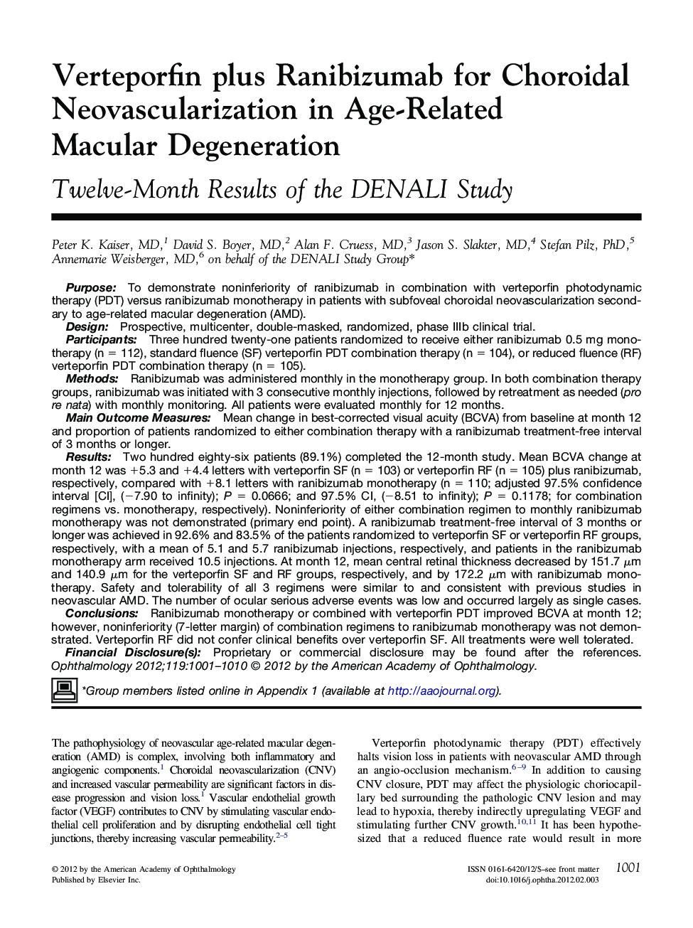 Verteporfin plus Ranibizumab for Choroidal Neovascularization in Age-Related Macular Degeneration