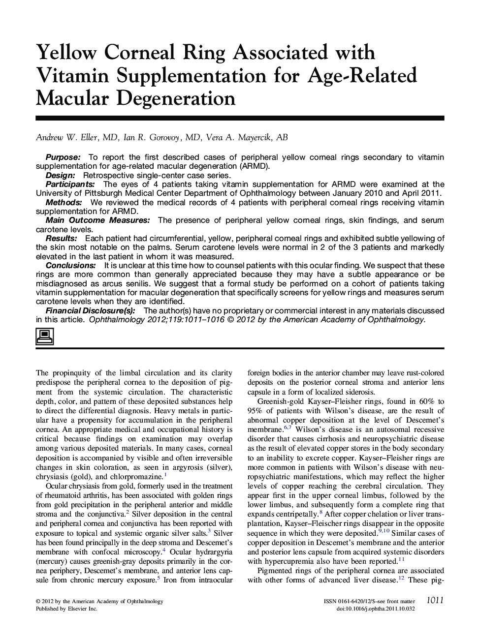 Yellow Corneal Ring Associated with Vitamin Supplementation for Age-Related Macular Degeneration