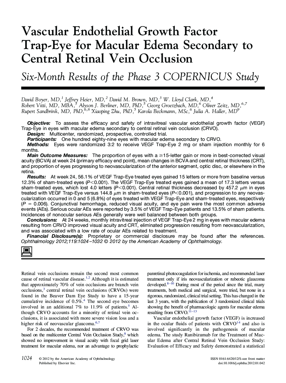 Vascular Endothelial Growth Factor Trap-Eye for Macular Edema Secondary to Central Retinal Vein Occlusion : Six-Month Results of the Phase 3 COPERNICUS Study