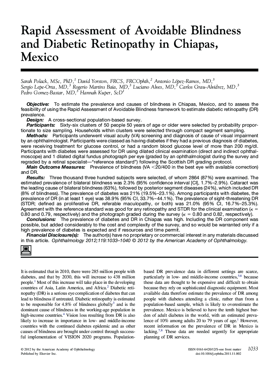 Rapid Assessment of Avoidable Blindness and Diabetic Retinopathy in Chiapas, Mexico 