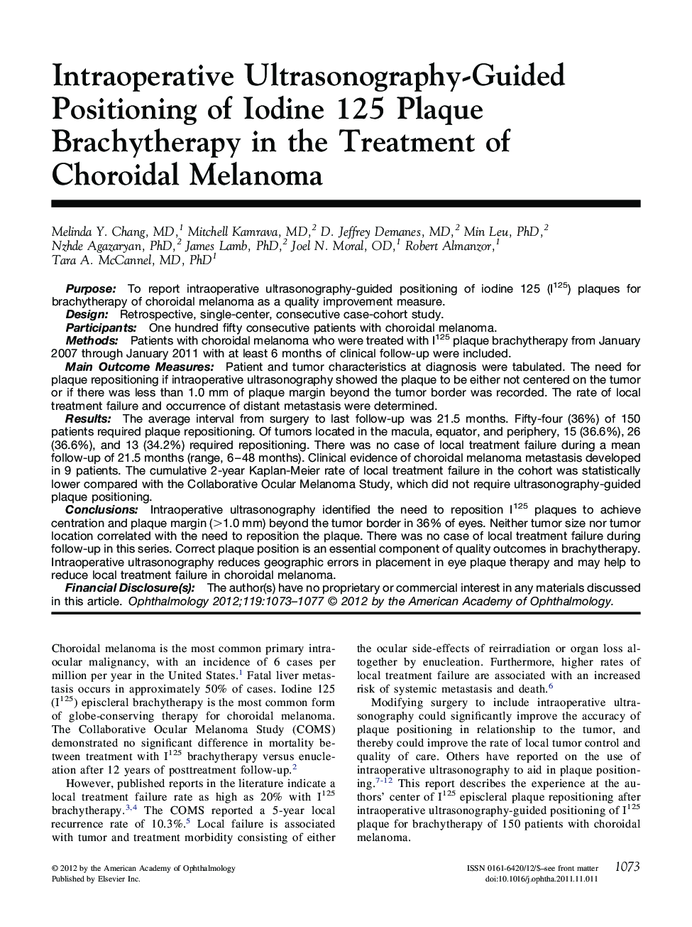 Intraoperative Ultrasonography-Guided Positioning of Iodine 125 Plaque Brachytherapy in the Treatment of Choroidal Melanoma