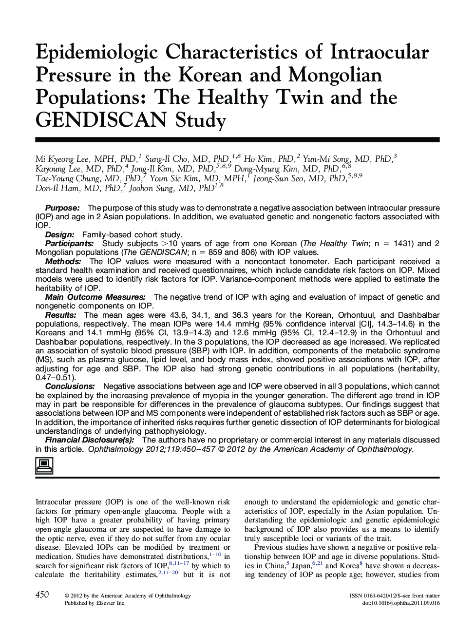 Epidemiologic Characteristics of Intraocular Pressure in the Korean and Mongolian Populations: The Healthy Twin and the GENDISCAN Study