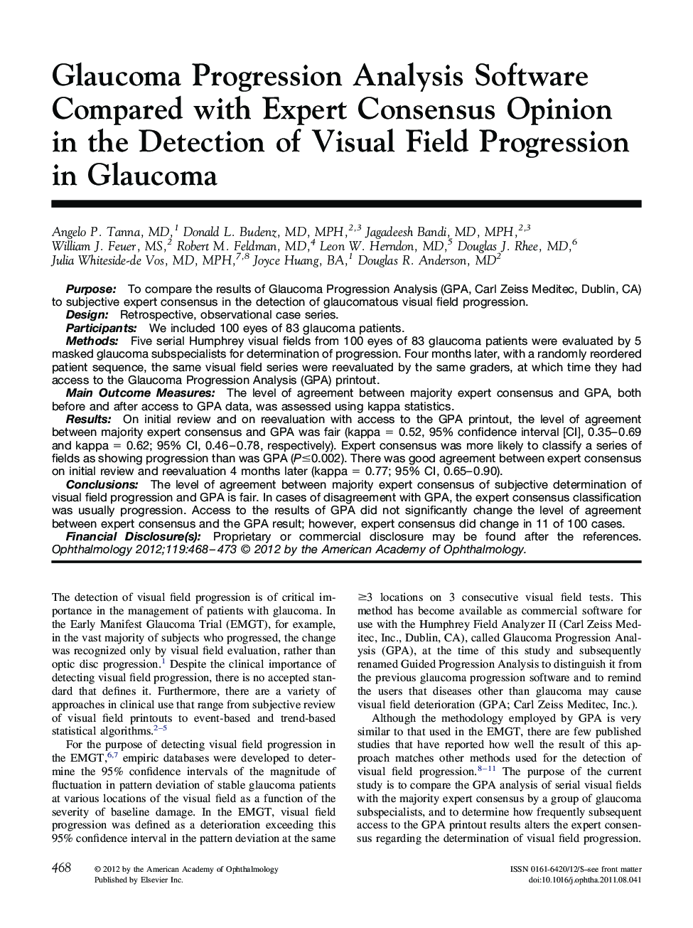 Glaucoma Progression Analysis Software Compared with Expert Consensus Opinion in the Detection of Visual Field Progression in Glaucoma 