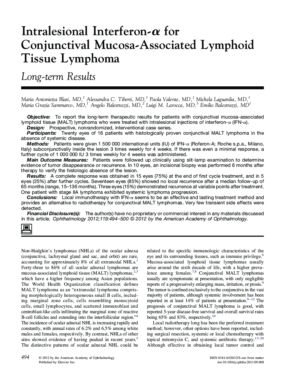 Intralesional Interferon-Î± for Conjunctival Mucosa-Associated Lymphoid Tissue Lymphoma