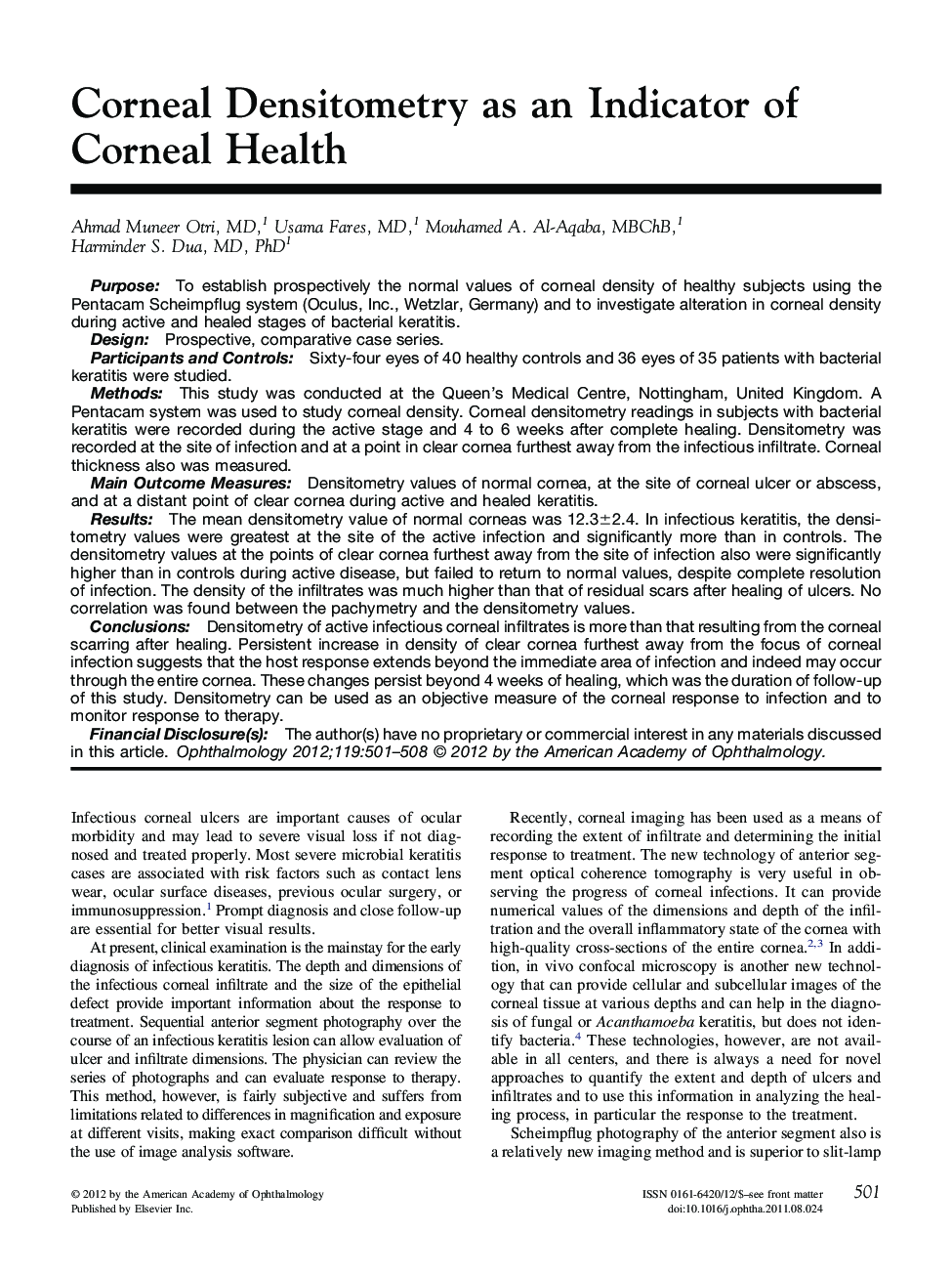 Corneal Densitometry as an Indicator of Corneal Health