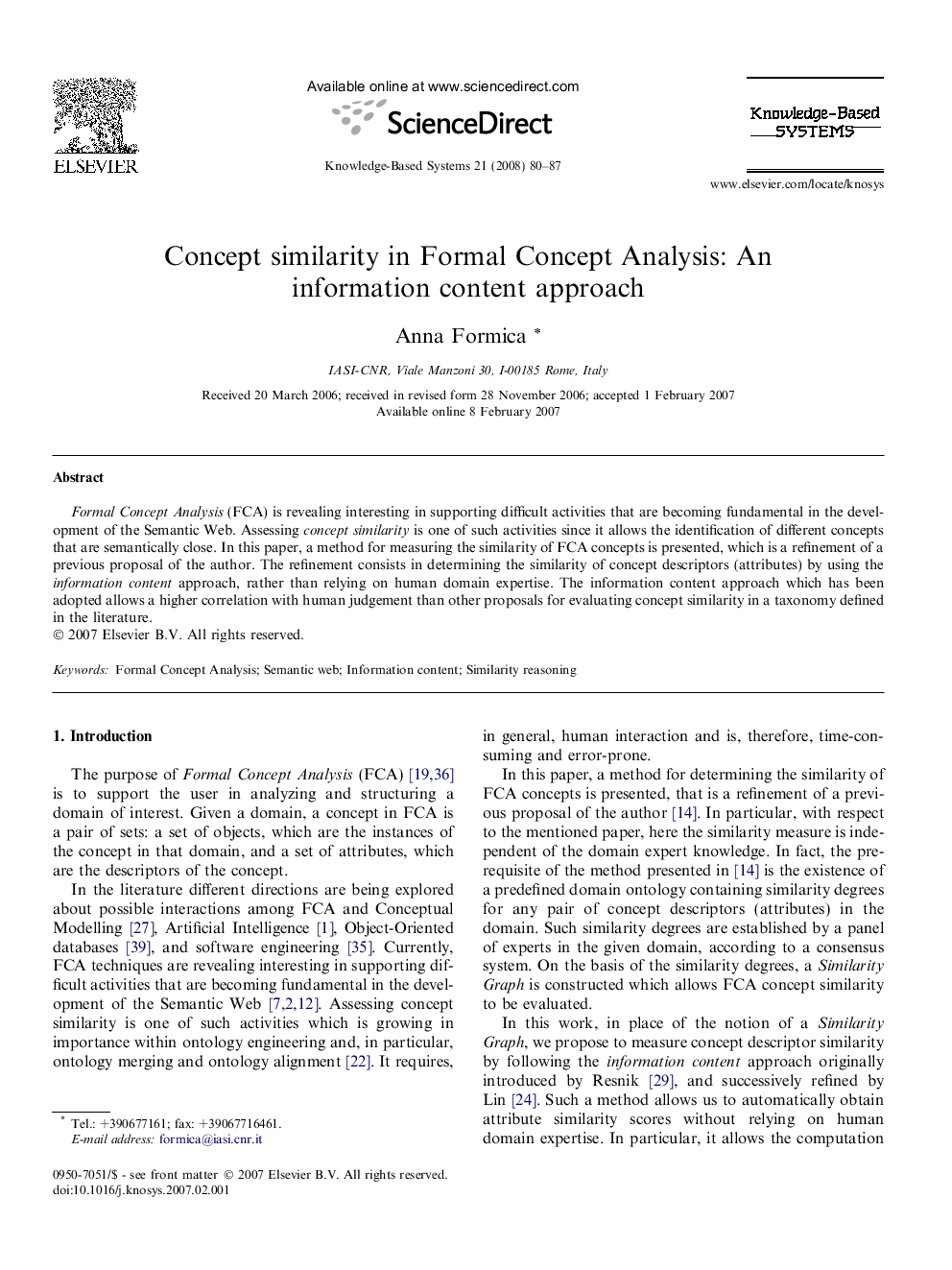 Concept similarity in Formal Concept Analysis: An information content approach